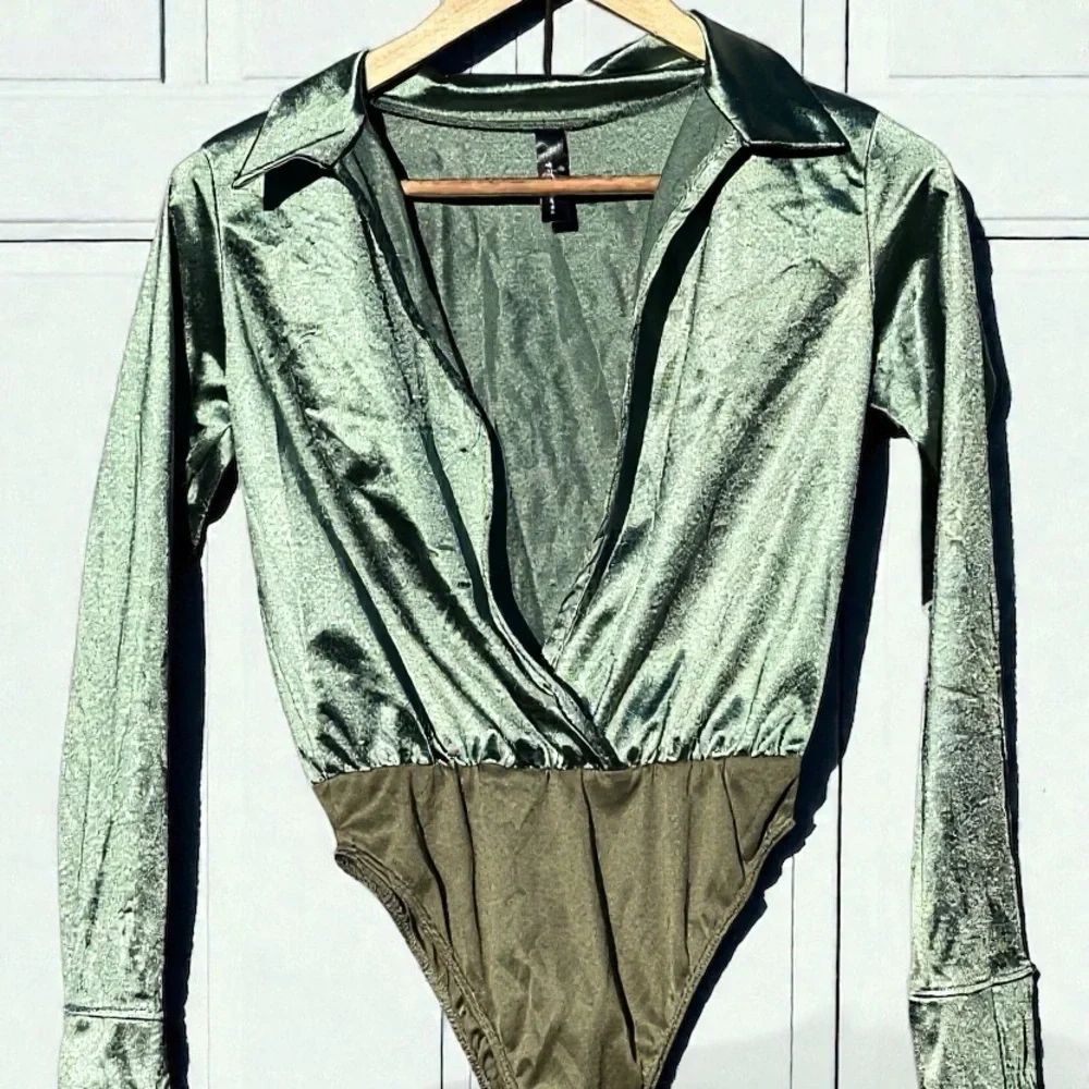 Good times USA Appeal Satin Wrap Bodysuit in Olive Green - Picture 2 of 11